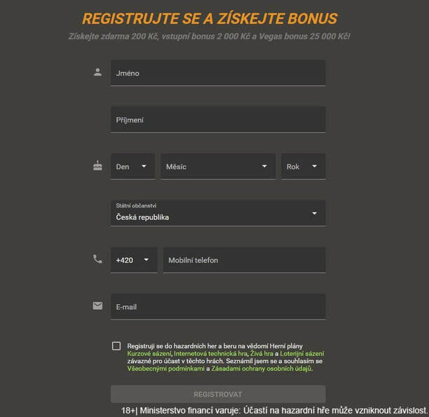 Chance registrace – vyplnění registračního formuláře a bonus zdarma